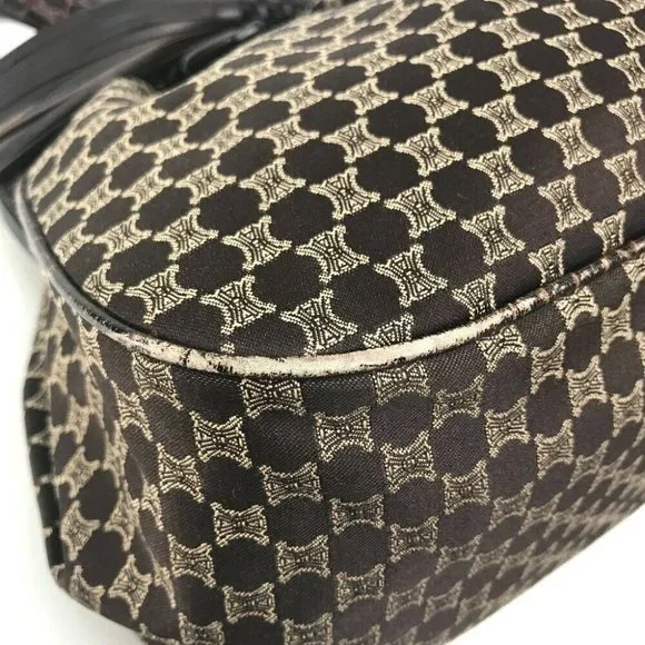 Authentic CELINE Logo Macadam Tote Bag tassel Shoulder Bag Leather/Canvas Brown